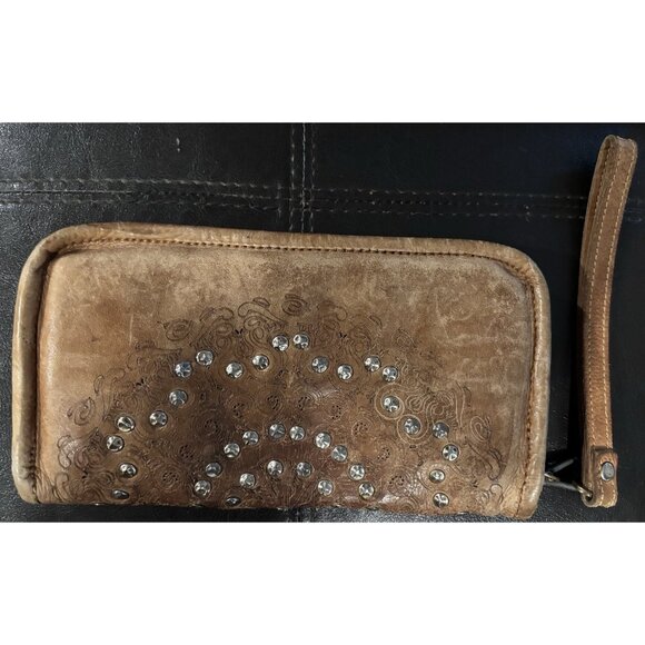 Brown Platania Genuine Leather Wristlet Wallet Studded Made In Italy Light Brown - Picture 1 of 8